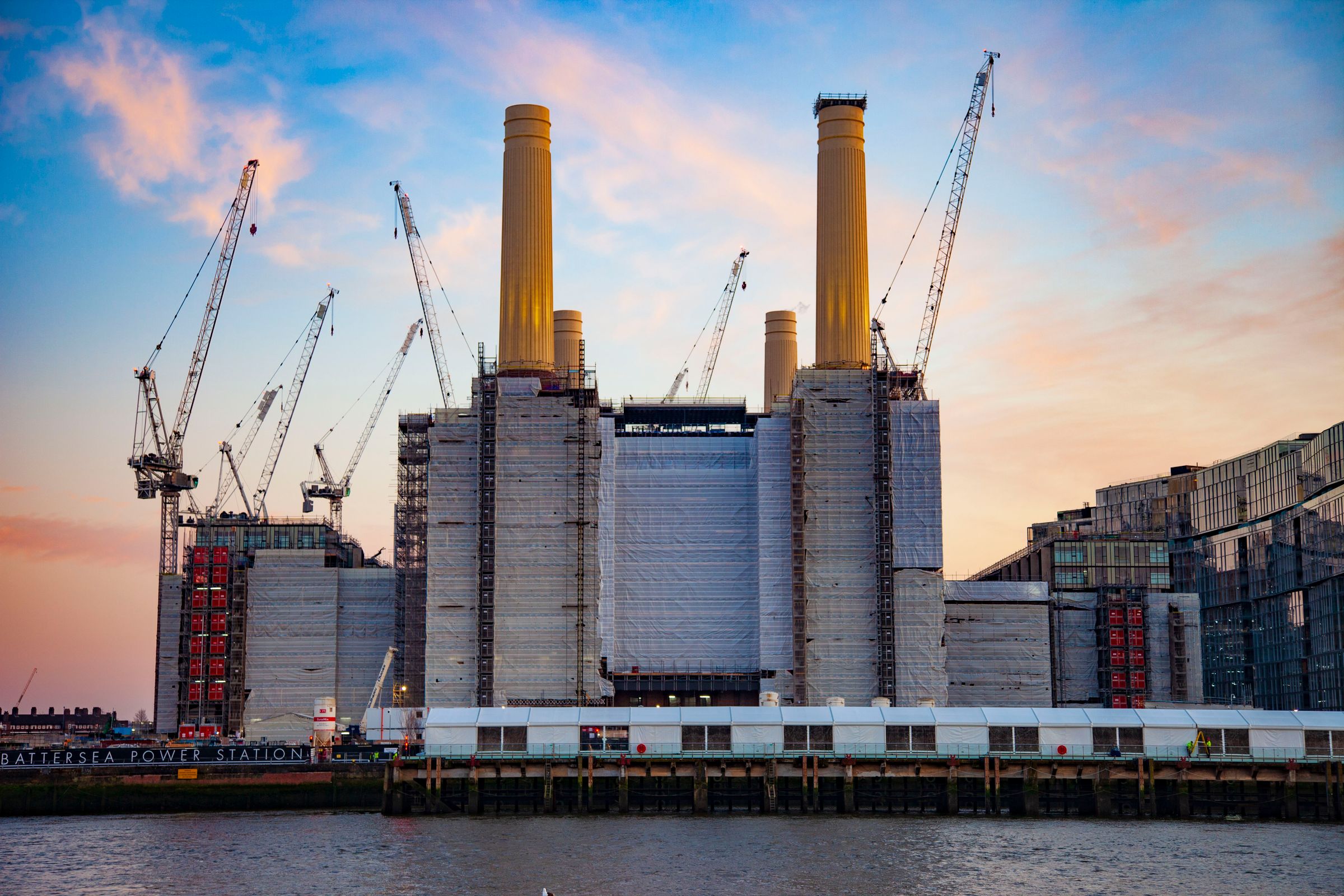 Cranes around Battersea Power Station during its redevelopment in London