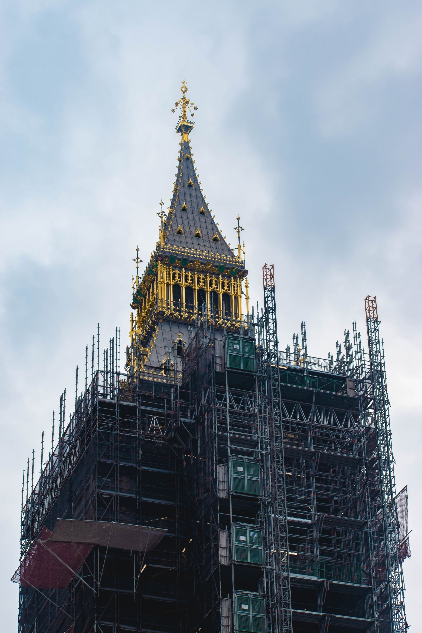Big Ben wrapped in scaffolding during restoration work in London